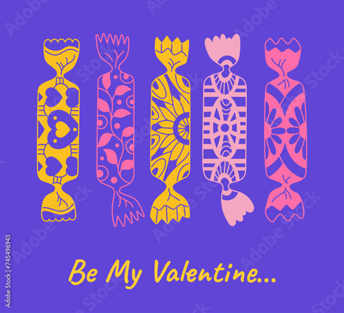 Valentines Day card with wrapped candy. Abstract postcard design. Caramel bonbon doodle lollipop poster brochure templates for celebration. Happy Valentines Day banner cartoon vector illustration