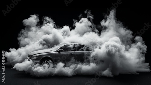 black and white image of a car in an explosion of smoke on a black background © Wajid