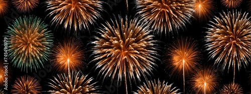 Panoramic view of orange fireworks display on plain black background from Generative AI