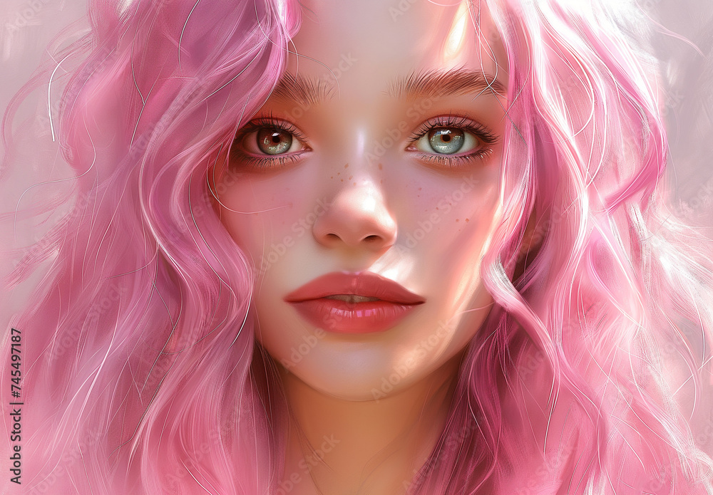 Portrait of a beautiful young woman with pink hair.