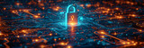 The same digital lock icon surrounded by a fiery glow signals a breach in cybersecurity.