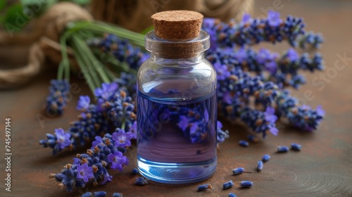Glass bottle of lavender essential oil