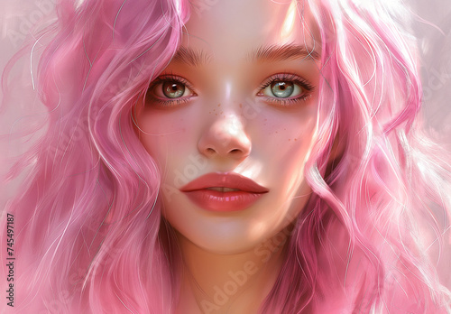 Portrait of a beautiful young woman with pink hair.