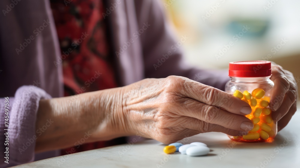 Obraz premium A Close up of Old woman closes pill bottle to take medicine, treat memory loss, high blood pressure or cholesterol level as painkiller, concept of treatment for diseases in old age