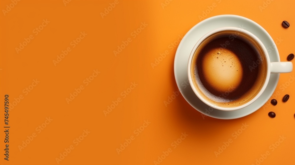 Cup of aromatic hot coffee on color background top view