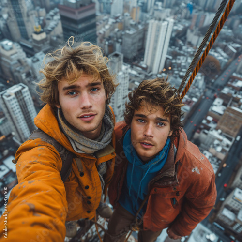 Young Roofers Taking Selfie High Above City Skyscrapers Daring Urban Exploration