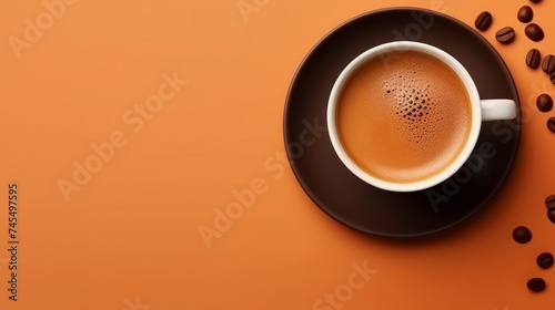 Cup of aromatic hot coffee on color background top view