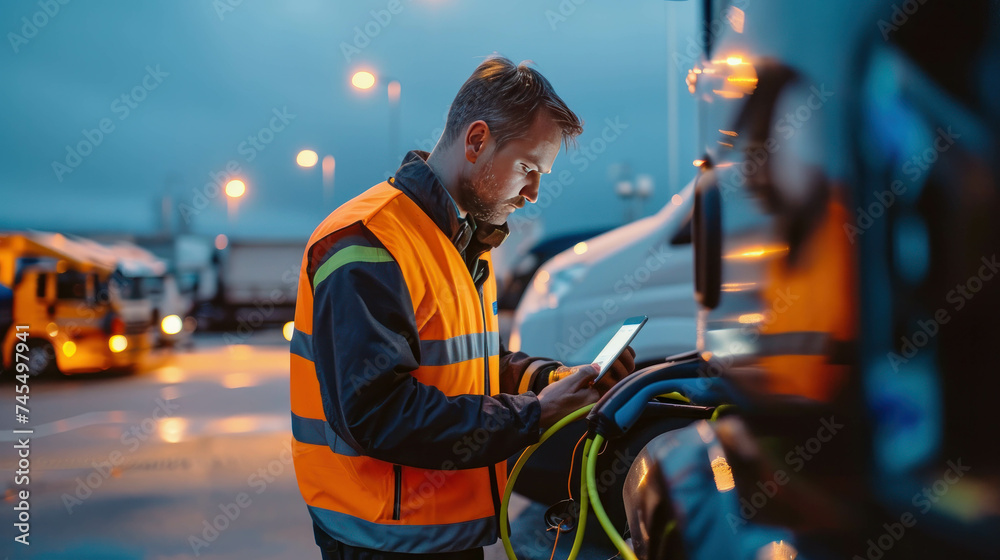 High vis mechanic works on EV charger in truck stop parking lot, morning. AI generative.