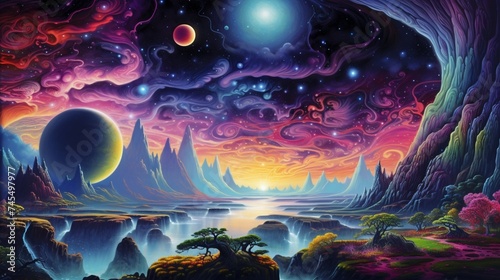 fantastical planet with swirling clouds and colorful landscapes