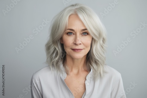 Portrait of a beautiful mature woman with gray hair. Gray background.
