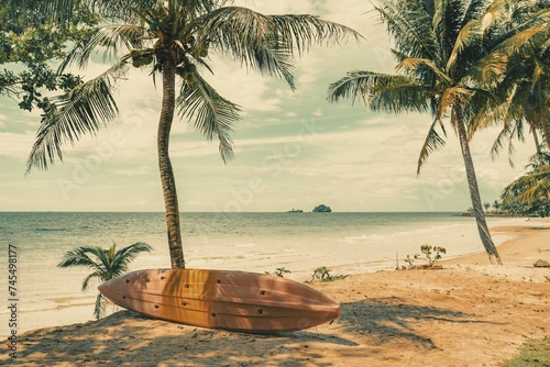 Fototapeta Naklejka Na Ścianę i Meble -  The Kae Bae beach with palm trees in Koh Chang island, Trat province, Thailand 