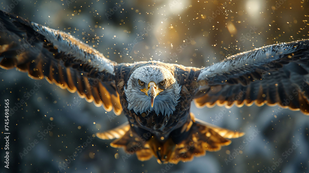 close-up of a flying eagle - obrazy, fototapety, plakaty 