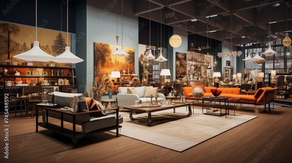 Furniture Store With Different Sofas Lamps Dining Table And Cityscape