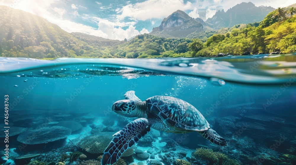 turtle swimming in the sea. Celebrating International Wildlife Day - obrazy, fototapety, plakaty 
