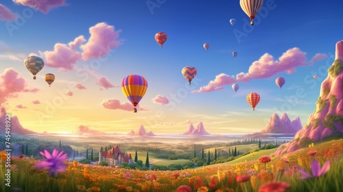 Idyllic landscape of hot air balloons floating in the sky seen from a playground at sunset