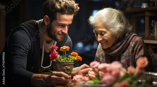 Young man giving flowers to an old woman in a nursing home. Generative AI