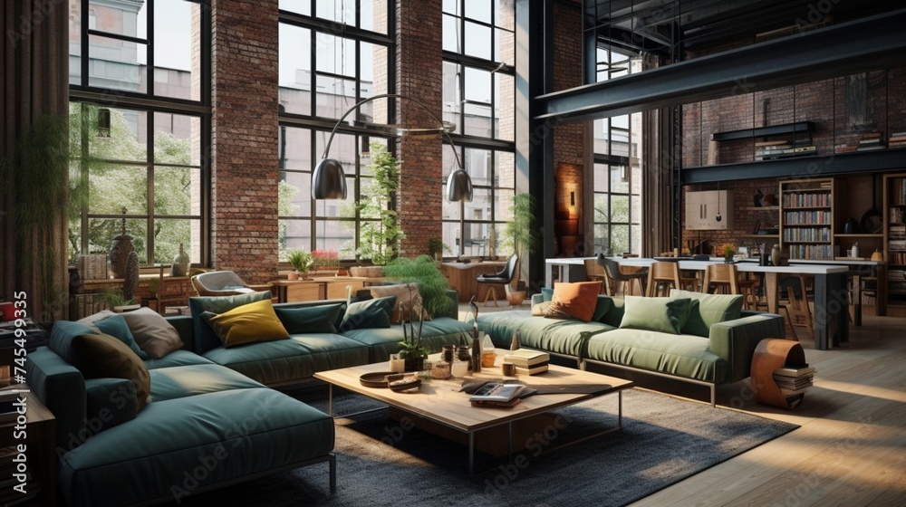 Loft apartment with green couch