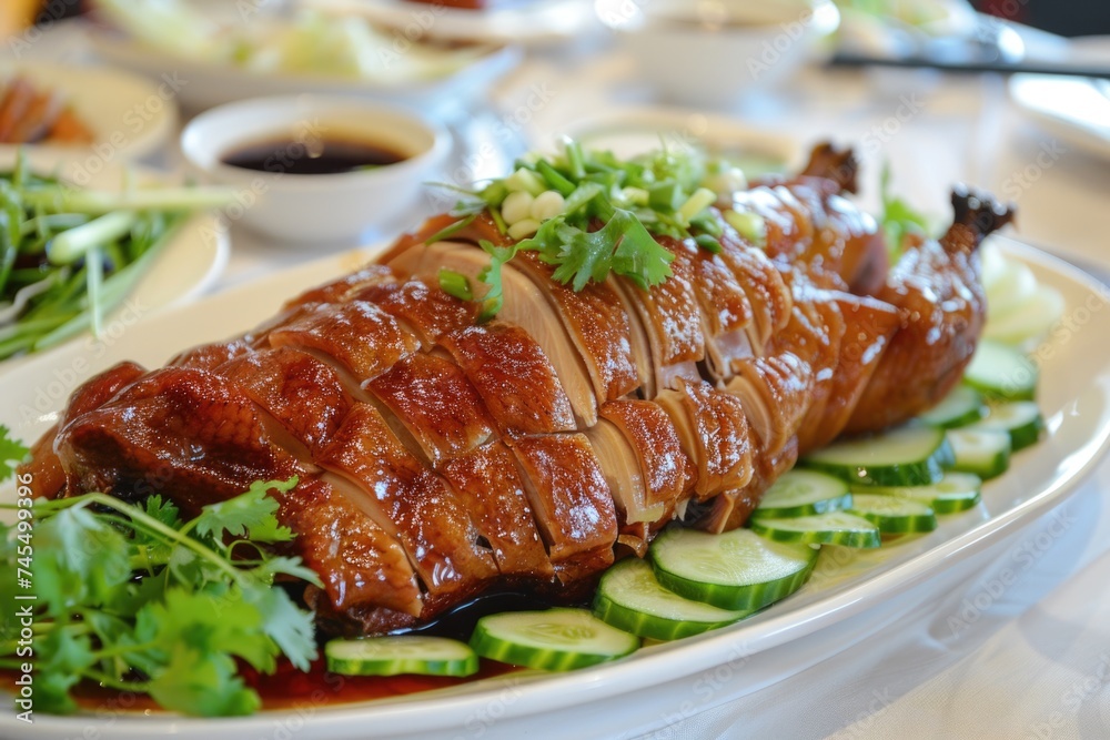 Succulent Peking Duck Sliced and Garnished with Spring Onions and Cucumber Succulent Peking Duck Sliced and Garnished with Spring Onions and Cucumber