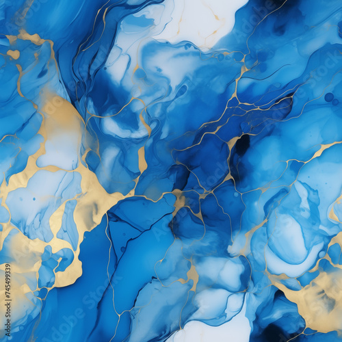 Luxury abstract fluid art painting in alcohol ink technique, mixture of blue and gold paints background. Alcohol Abstract seamless pattern. Blue and gold spots
