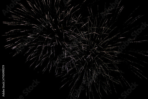 Fireworks in the night sky. Fireworks against a black sky. Sparks from a fireworks explosion on a black sky.