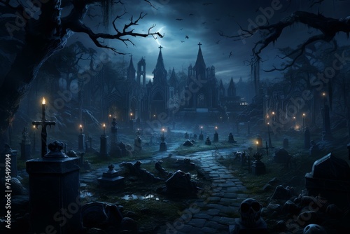 Haunting Necromancer cemetery dark background. Skull night. Generate Ai photo