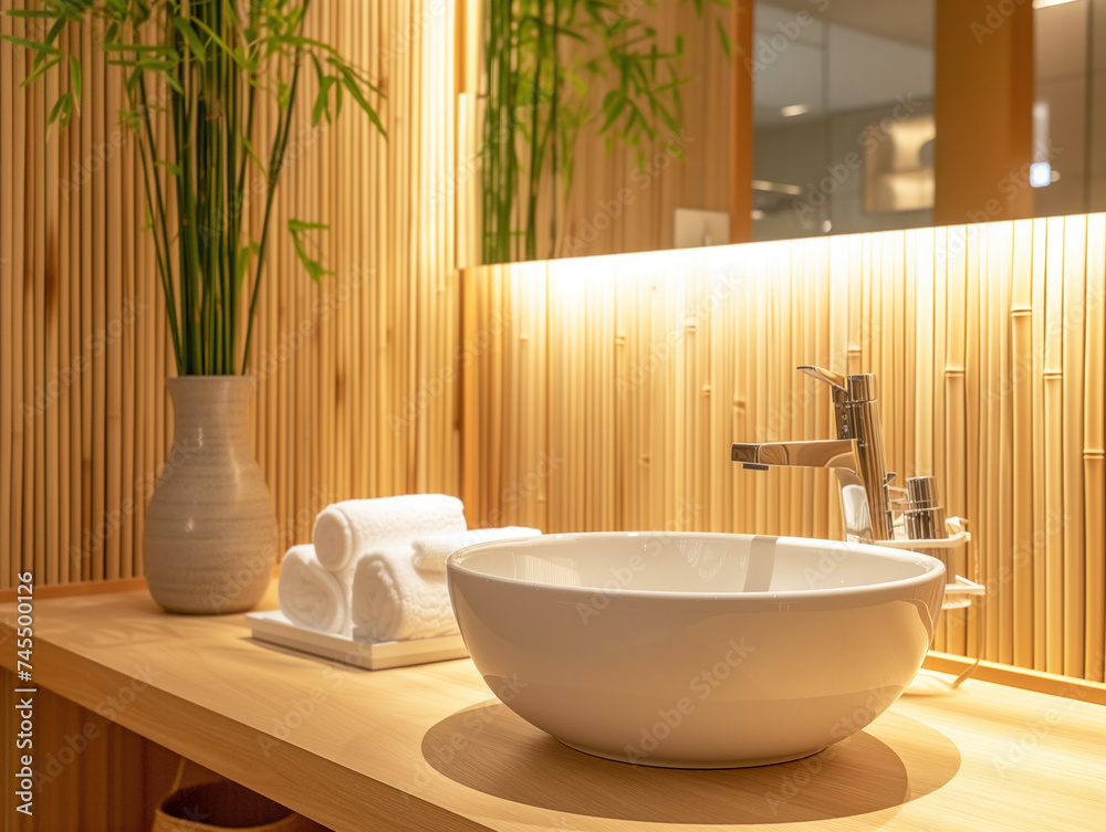 Fototapeta premium The room has a white sink table adorned with bath accessories and a vase filled with bamboo stems for decoration.