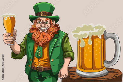 Leprechaun in a green hat with a glass of foaming beer in his hand.