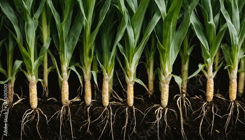 Side view of maize corn with visible roots in the ground, showcasing the plant's underground structure