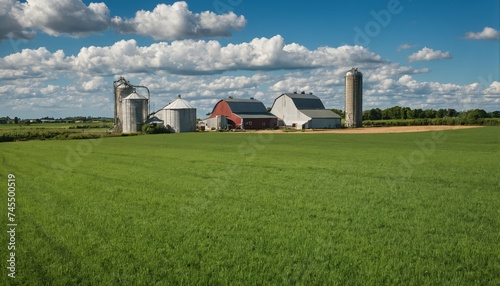 Agricultural farm panorama featuring a farmhouse and silo amidst green fields under a clear blue sky