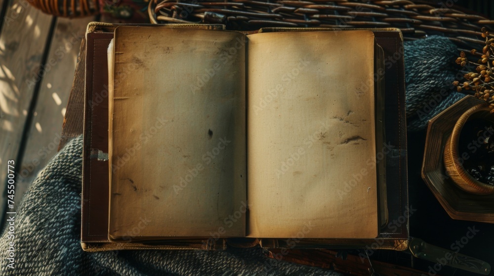 Open ancient old book with empty pages - obrazy, fototapety, plakaty 
