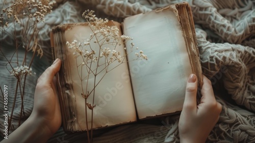 Hands holding open ancient old book with empty pages