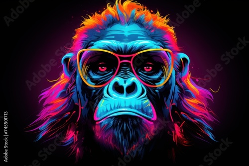 Psychedelic Neon monkey portrait. Cool face. Generate Ai