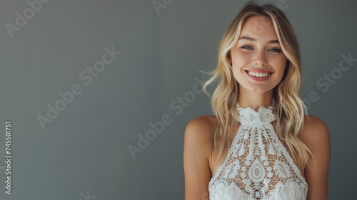 Blonde woman wearing white halter neck dress smile, isolated on gray