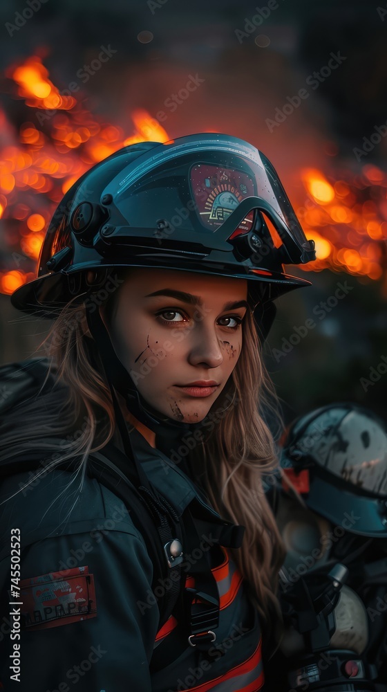 Firefighter girl, on duty. Vevushka and flame of fire. Firefighter girl, on duty. Vevushka and flame of fire.