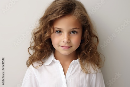 Portrait of a beautiful little girl with long curly hair in a white shirt