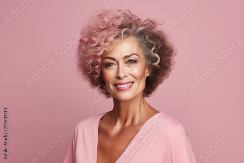 Beautiful middle aged woman with curly hair. Studio shot on pink background.