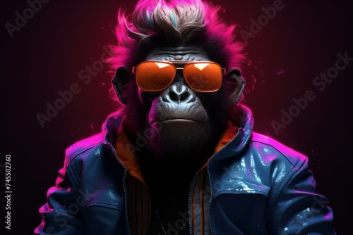 Whimsical Neon monkey character. Face paint. Generate Ai