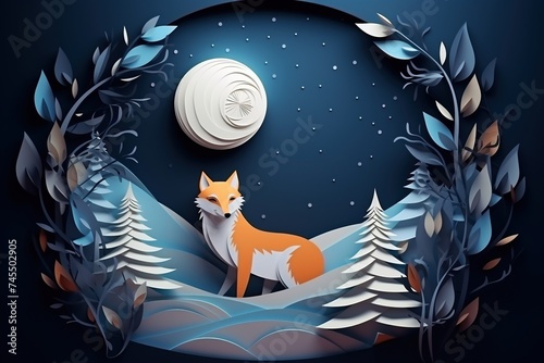 Stylized Fox in a Winter Night Paper Art Scene. 