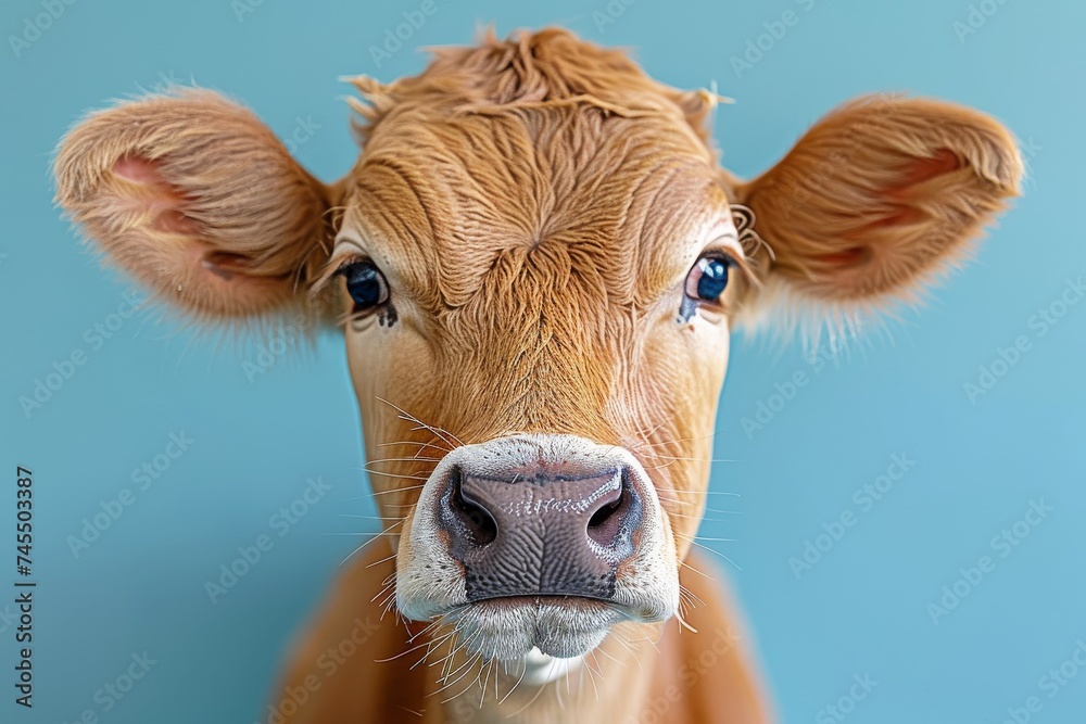 Happy cow with detailed texture of its fur and whiskers against a soft blue background