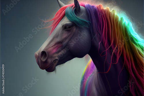 Realistic rainbow unicorn. AI generated. photo