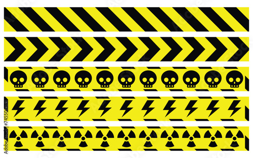 yellow line black skull electrical arrow radioactive stripe caution tapes danger warning ribbons. construction sites, banner traffic sign symbol logo design for web mobile isolated white background © Yudha