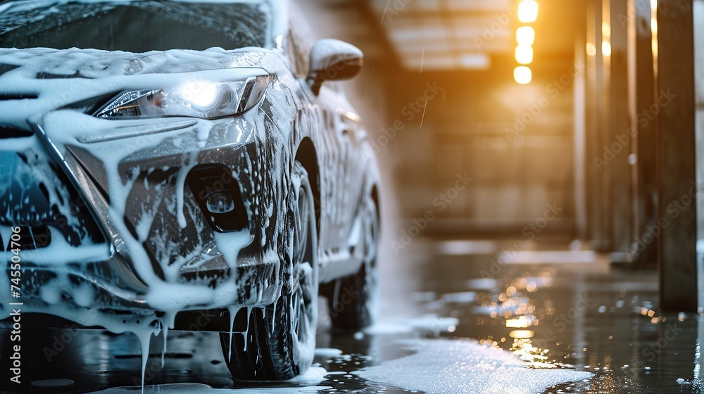 Car wash with foam soap, Washing car use high pressure water