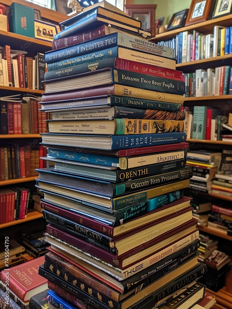 A corner in a bookshop filled with stacks of books A corner in a bookshop filled with stacks of books