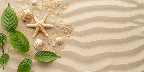 Frame border sand background with tropical leaves and starfish  Top view flat lay design