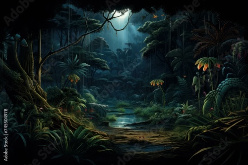 Night forest jungle dark. Tropical tree. Generate Ai