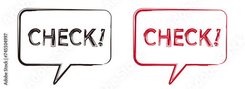 チェックと書かれた手書き風の四角のふきだしのセット。ベクターイラスト。