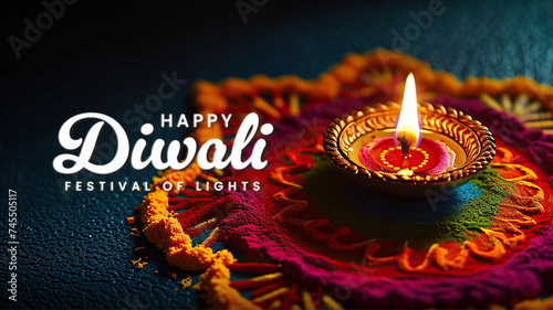 Happy diwali, diya lamp with indian rangoli, traditional indian festive of light