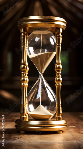 Conceptual representation of time: A brass hourglass with white sand on a polished wooden surface