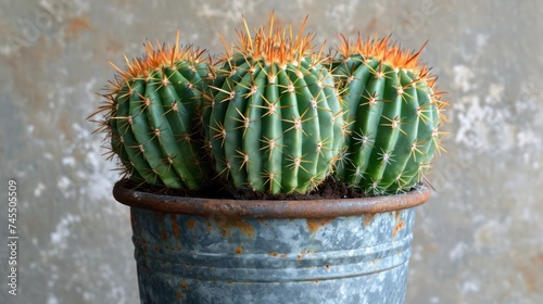A potted succulent cactus with sharp spines thrives in the dry climate