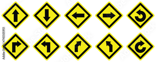 set curve turn right left forward backward go yellow degree loop road traffic warning sign icon. exclamation, hazard sign symbol logo design for web mobile isolated white background illustration